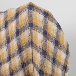 Washed linen fabric blue yellow checks double-sided close up detail
