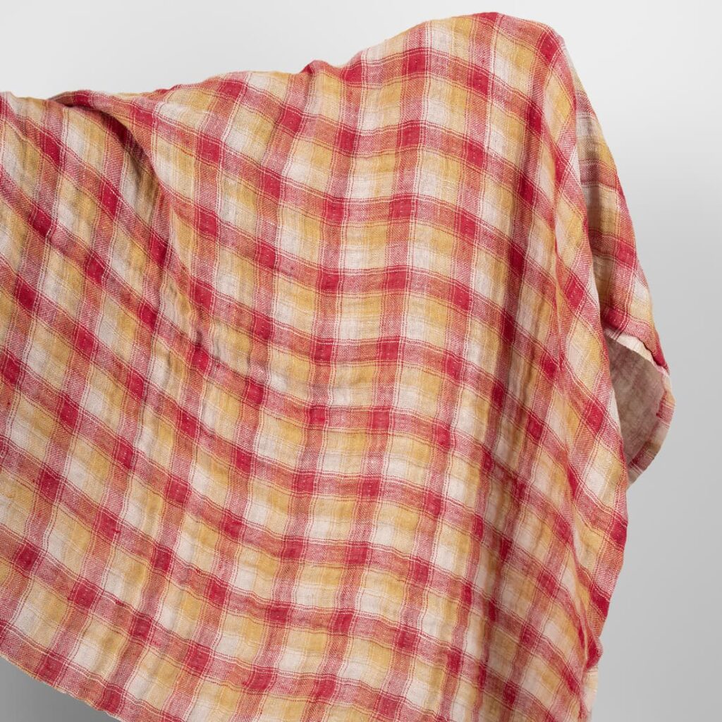 Washed linen fabric red yellow checks double-sided