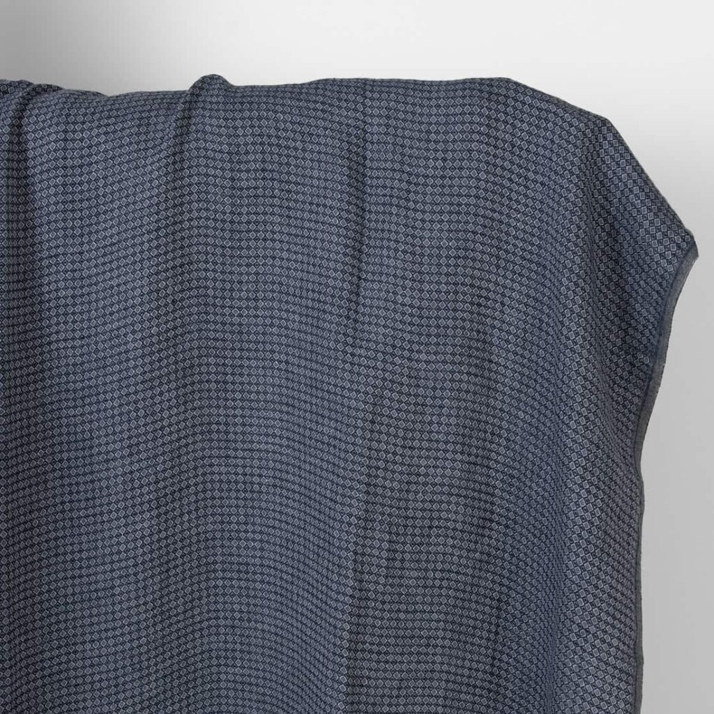 Washed linen fabric dark blue and grey diamonds