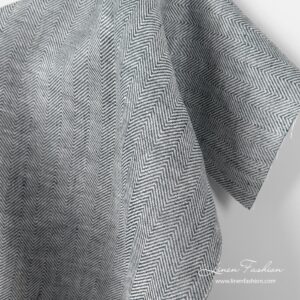 Pure linen herringbone fabric in white and blue