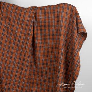 Orange linen wool fabric in checks