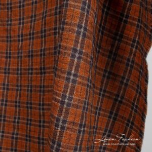Orange linen wool fabric in checks, perfect for clothes and home textile