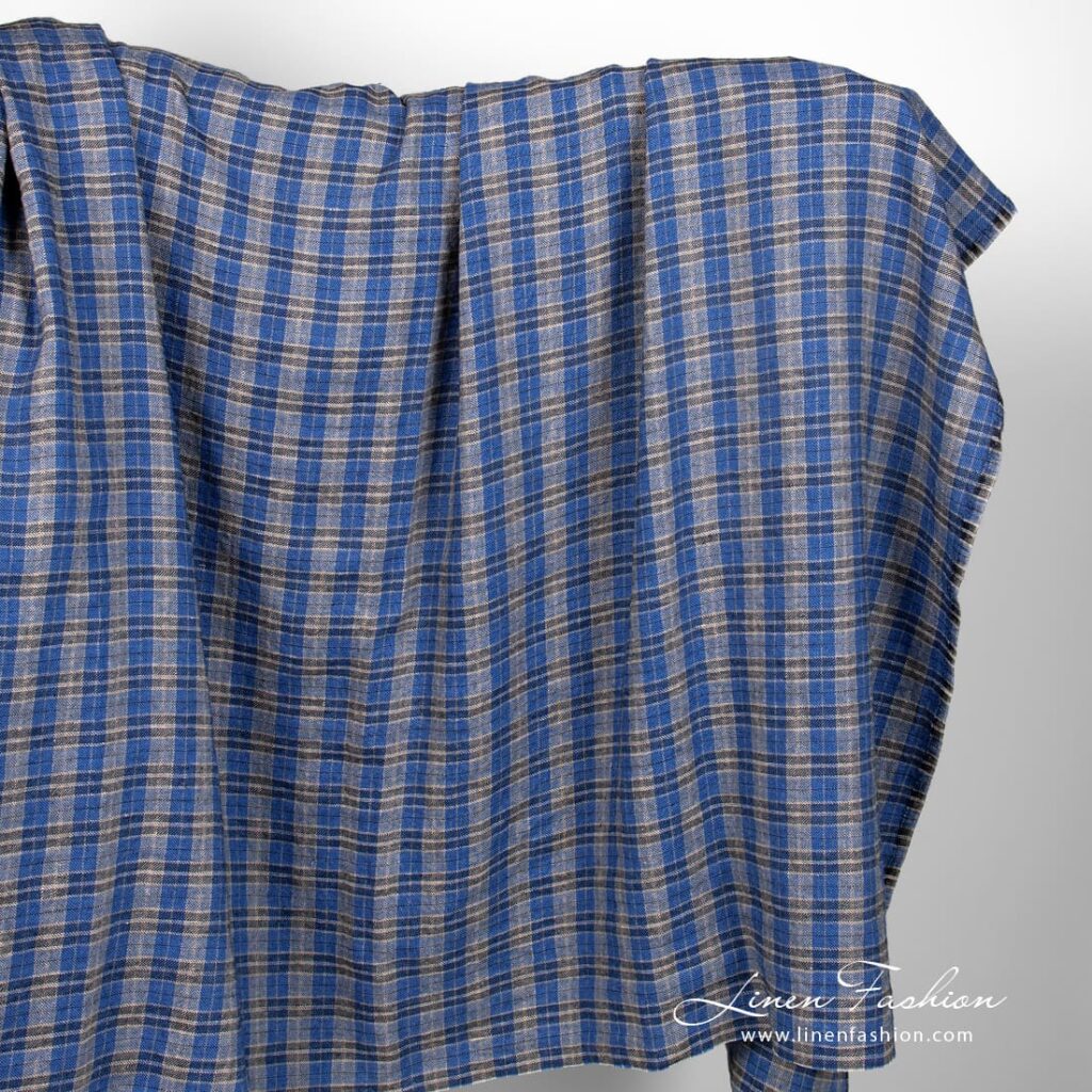 Blue linen wool fabric in checks