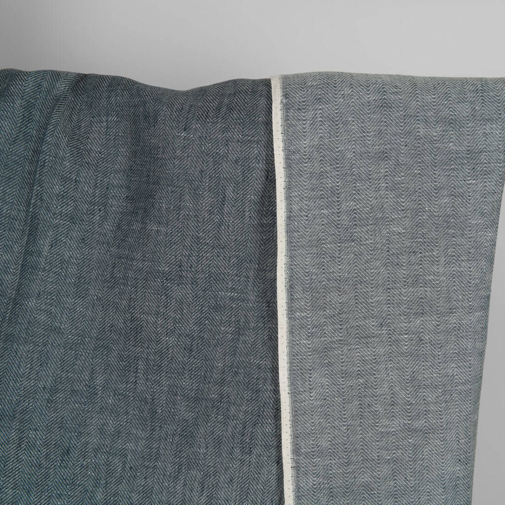 Linen wool fabric blueish-black and white herringbone