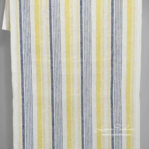 Smalt hvitt linstoff med blå og gule striper