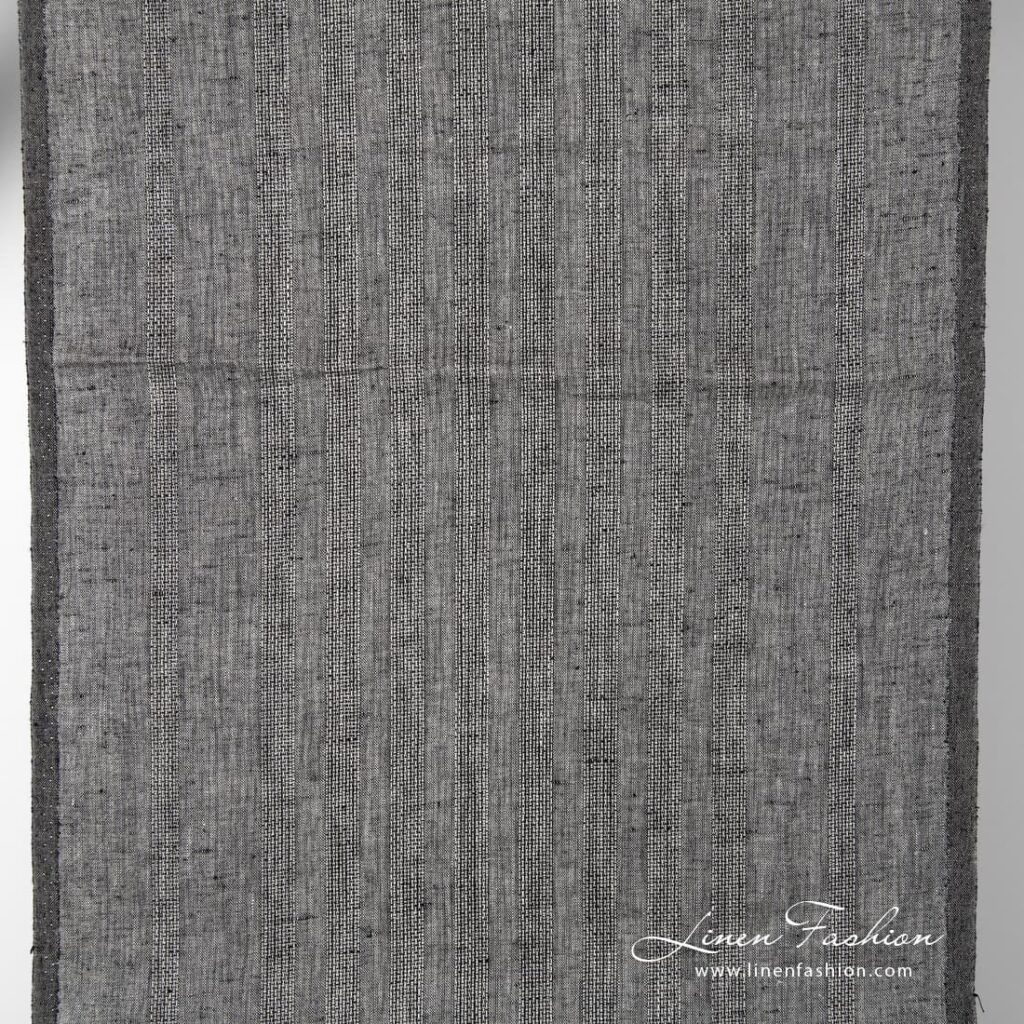 Black grey linen fabric with azure stripes.