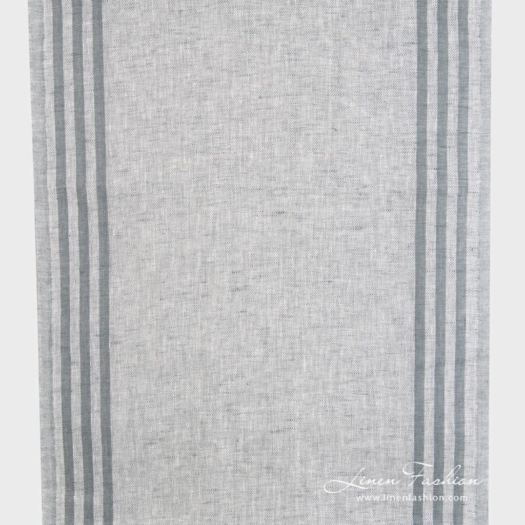 Grey narrow linen fabric with stripes on sides.