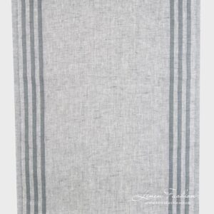 Grey narrow linen fabric with stripes on sides.
