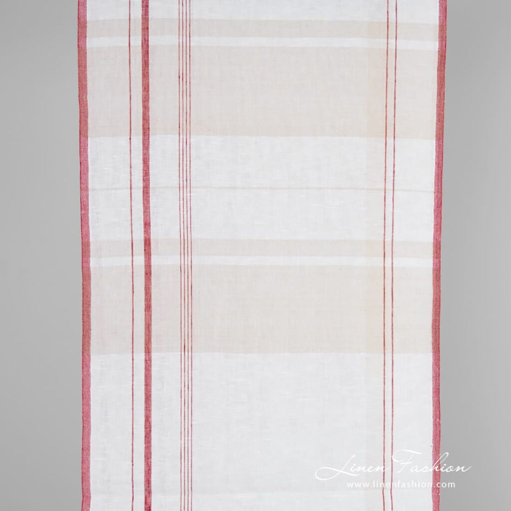 Linen fabric with grey and red stripes
