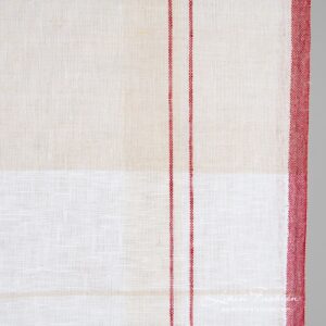 Linen fabric with grey and red stripes, perfect for kitchen towels