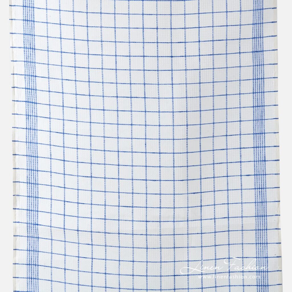 Narrow off white linen fabric in blue checks.