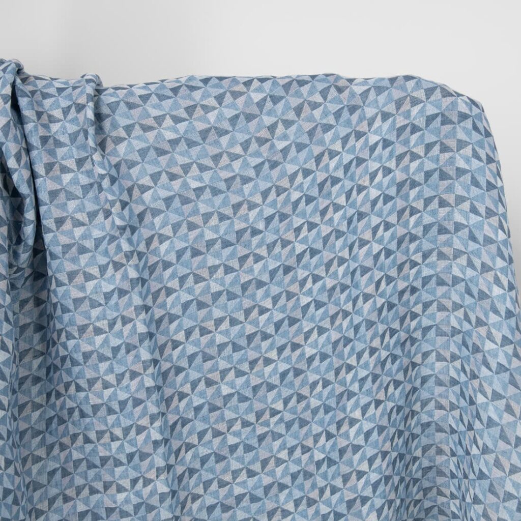 Washed linen fabric in blue triangles