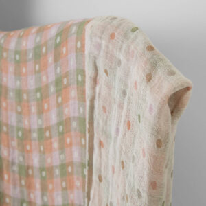 Washed linen fabric light orange and green checks, double-layer