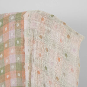 Washed linen fabric light orange and green checks, bubble check pattern