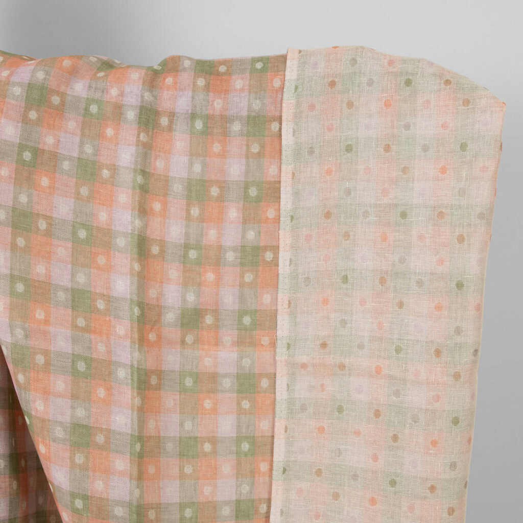 Linen fabric light orange and green checks