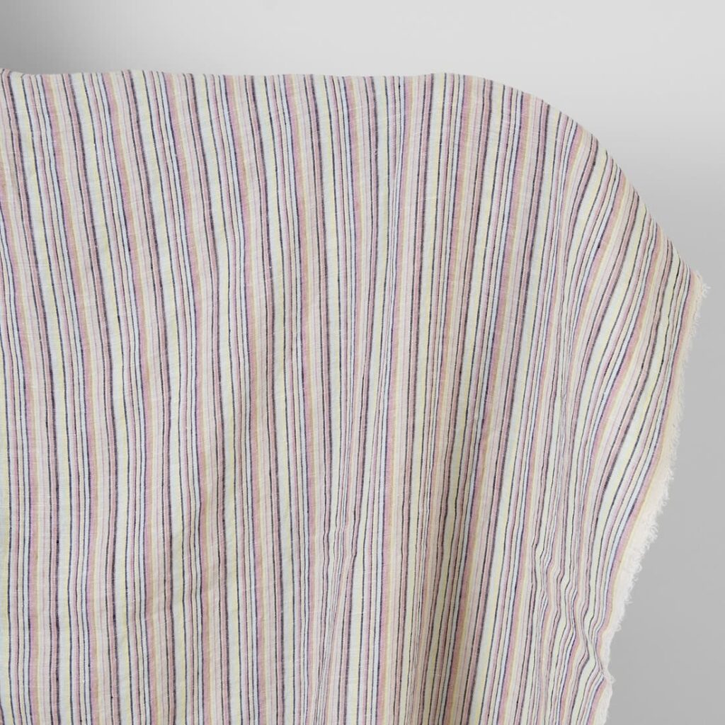 Linen hemp fabric multicolour with dark blue stripes washed