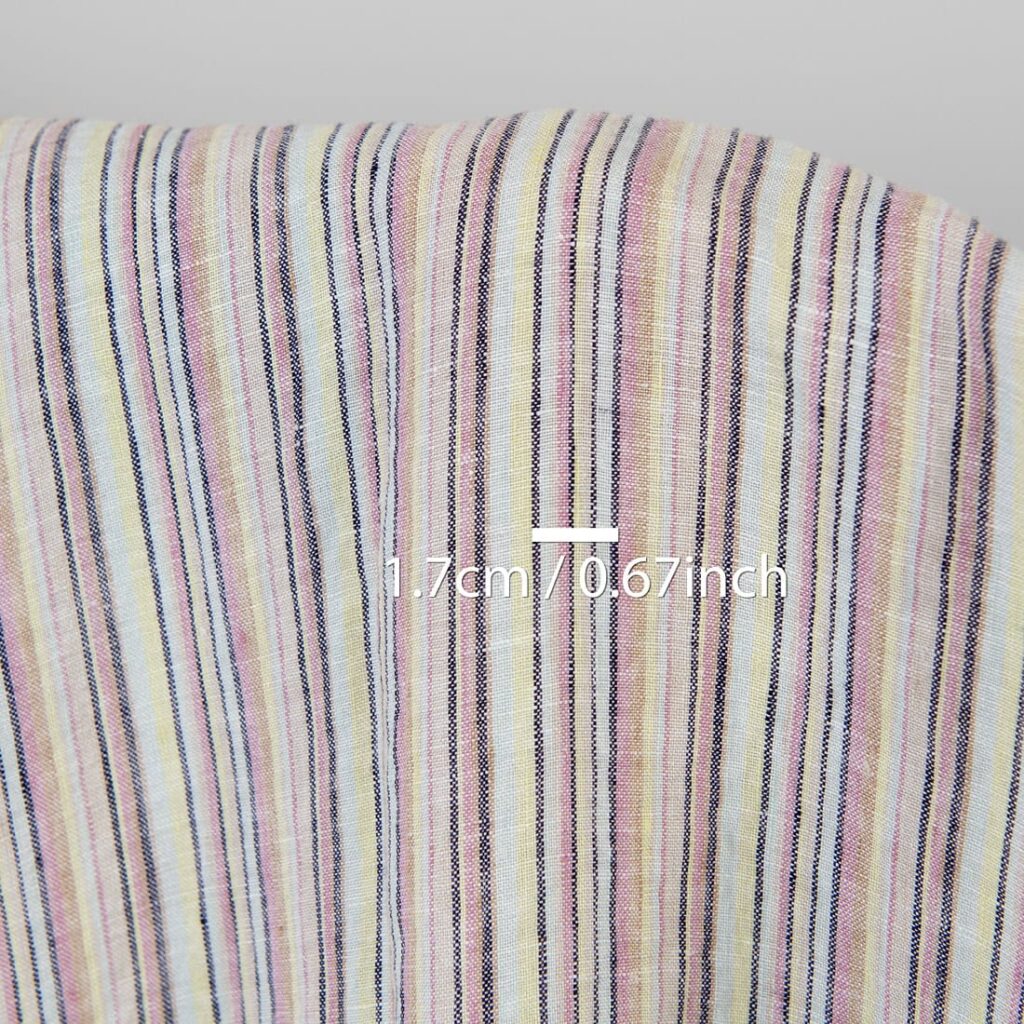 Lin hamp stoff flerfarget med mørkeblå striper vasket 4 Linen hemp fabric multicolour with dark blue stripes washed, with measurements