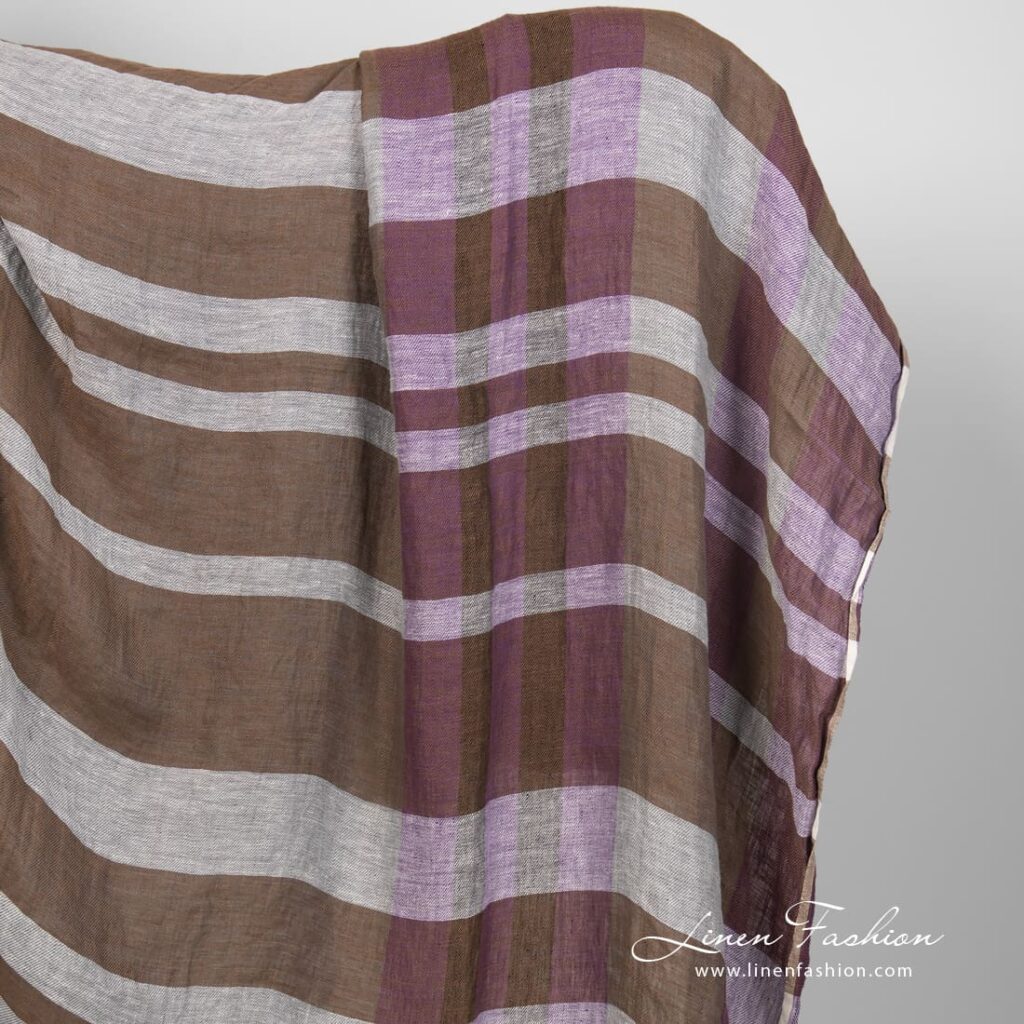 Linen fabric in violet and brown stripes