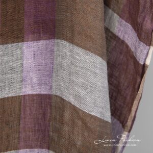 Linstoff i fiolette og brune striper vasket 11 Linen fabric in wide stripes woven from violet, grey, black, yellow and brown yarns