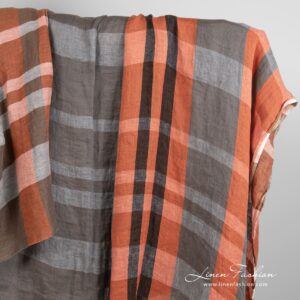 Linstoff i oransje og brune striper vasket 9 Linen fabric in orange and brown stripes