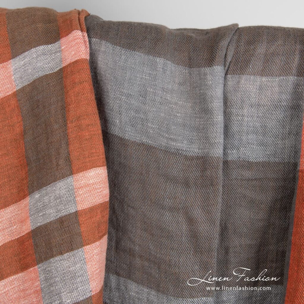 Linstoff i oransje og brune striper vasket 2 Linen fabric in orange and brown stripes, specially washed