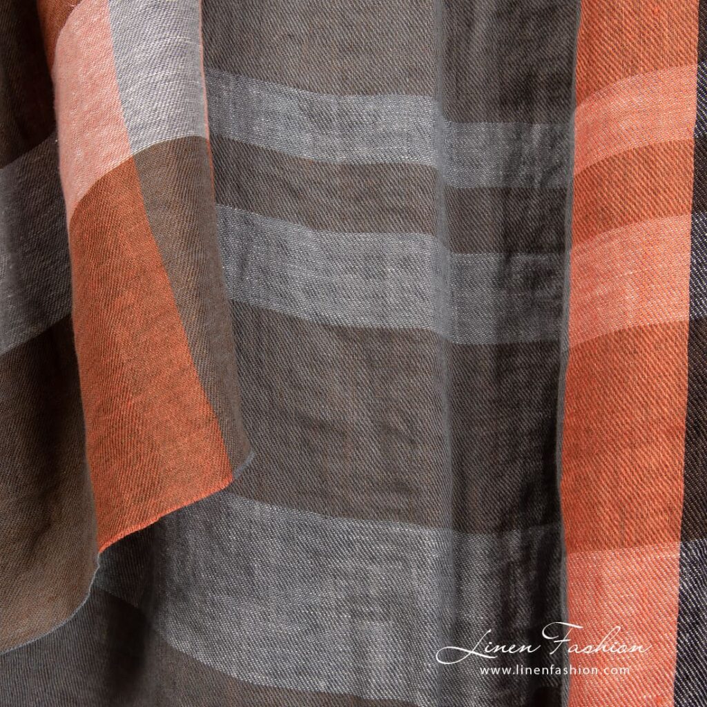 Linstoff i oransje og brune striper vasket 3 Linen fabric in orange, brown stripes