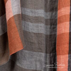 Linstoff i oransje og brune striper vasket 11 Linen fabric in orange, brown stripes