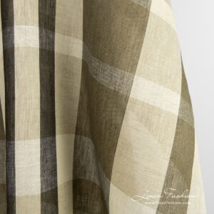 Dark green linen fabric in checks