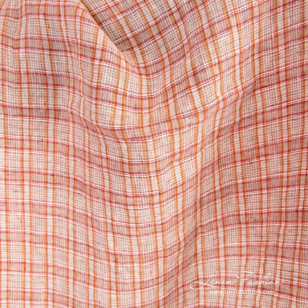 Oransje linstoff i ruter vasket 2 Orange linen fabric in checks, specially washed to increase softness