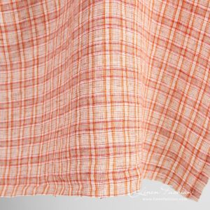 Oransje linstoff i ruter vasket 11 Orange linen fabric in checks, specially washed, for home textile and clothes