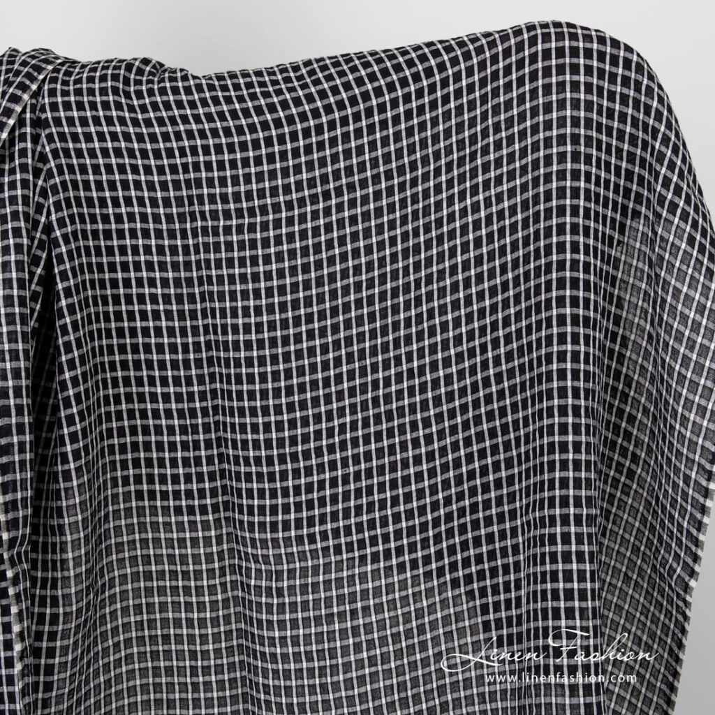 Black linen fabric in white checks