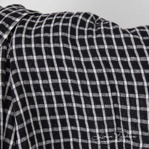 Black linen fabric in white checks, washed