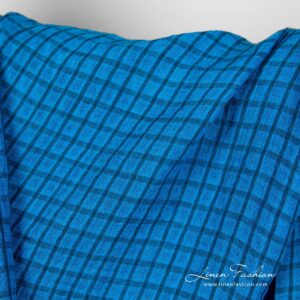 Linstoff i klare blå ruter vasket 11 Linen fabric in bright blue checks, perfect for clothes and home textile
