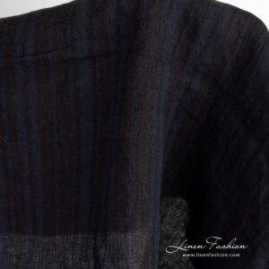 Linstoff i svarte og mørkeblå striper vasket 12 Linen fabric in openweave stripes