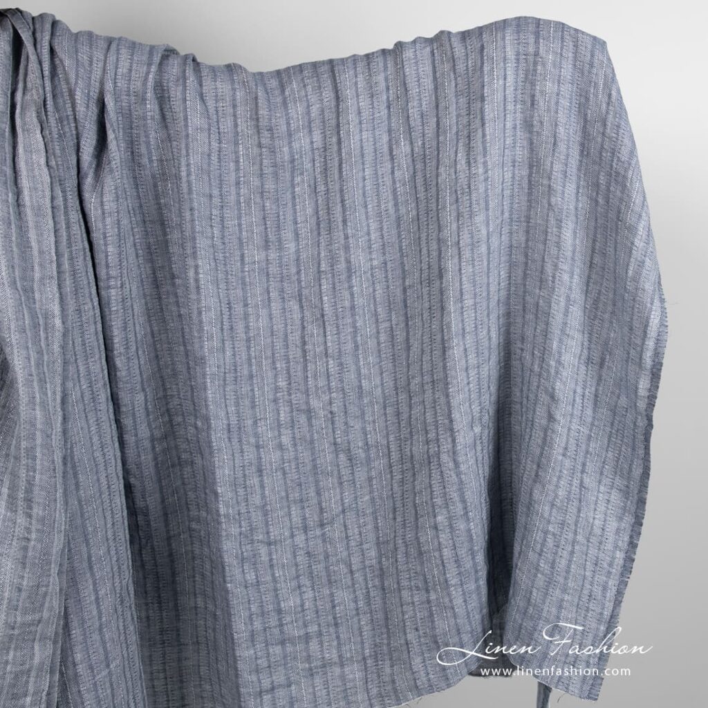 Blue grey linen fabric in vertical stripes