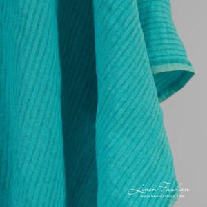 Striped linen fabric in turquoise color, perfect for clothes and home textile