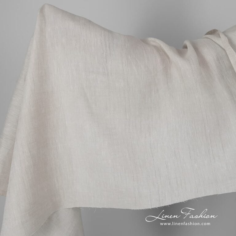 White sand color linen fabric azure stripes.