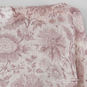 100% linen fabric with rosy flower pattern.