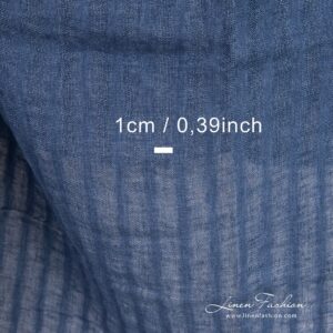 Blue linen fabric with openweave vertical stripes, washed