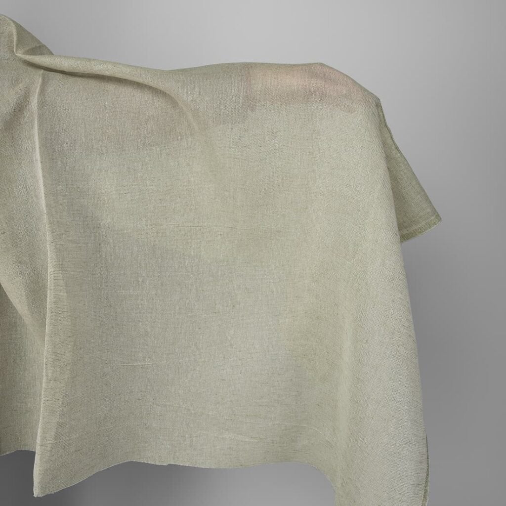 Linen cotton fabric white and olive green melange