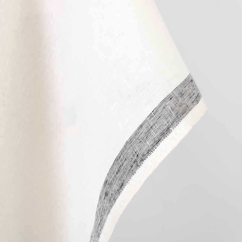 Linen fabric off-white with black stripes, plain weave
