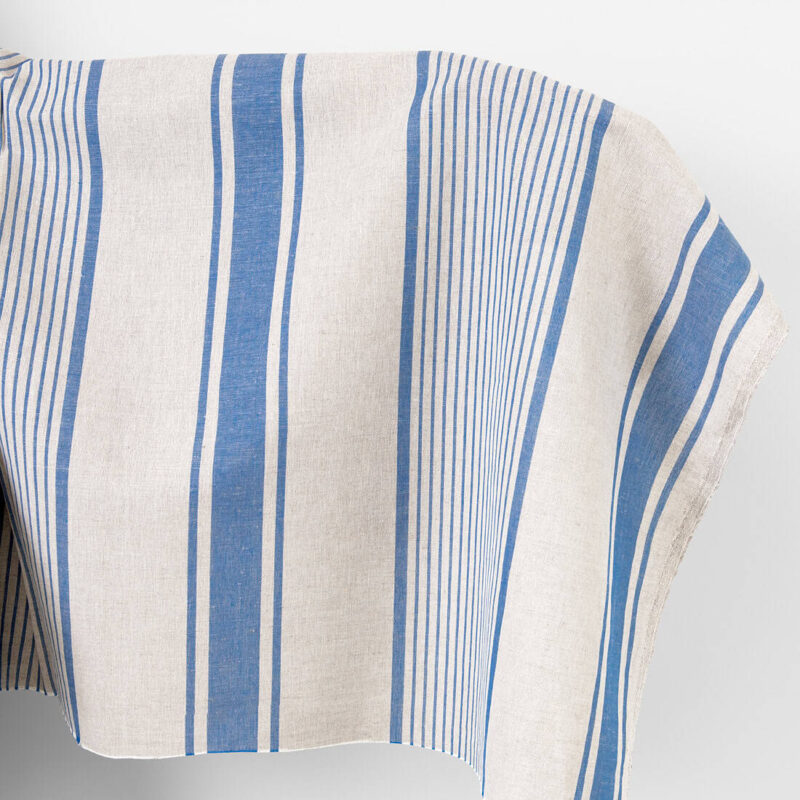 Lin-bomullsstoff beige med blå striper 5 Linen cotton fabric beige with blue stripes