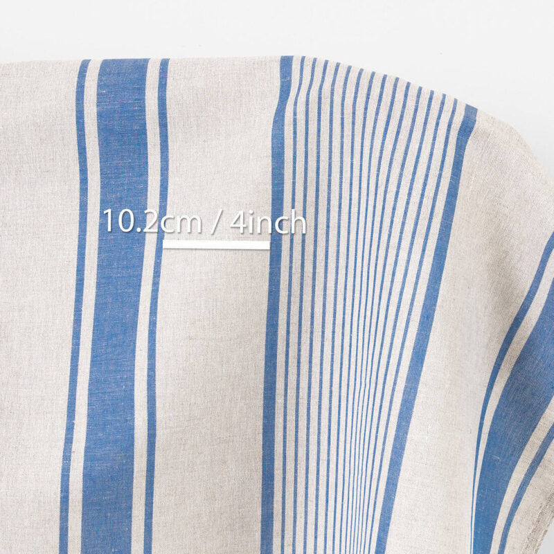 Lin-bomullsstoff beige med blå striper 7 Linen cotton fabric beige with blue stripes, with undyed linen