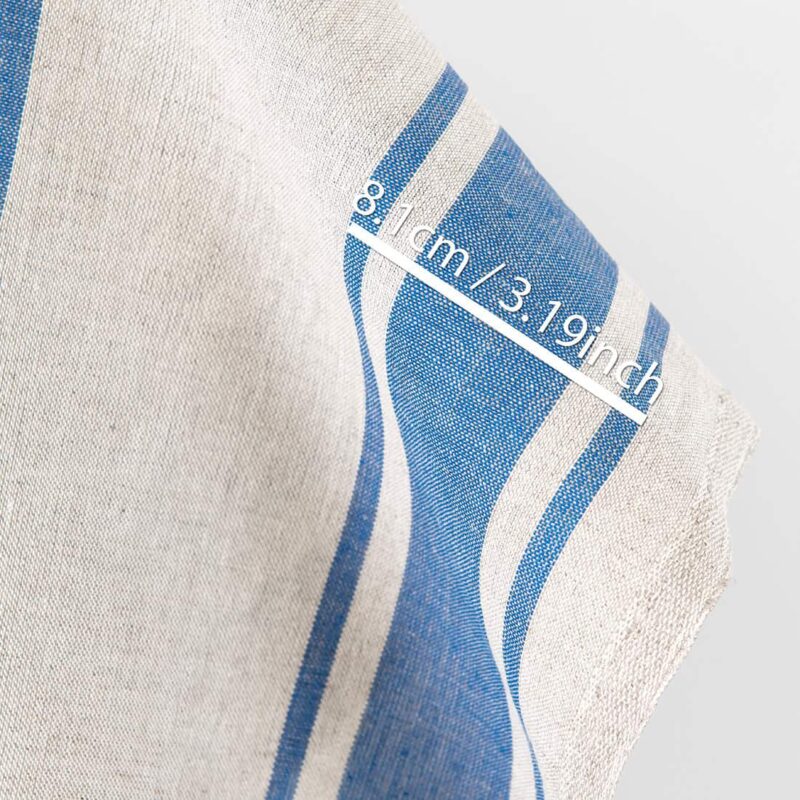 Lin-bomullsstoff beige med blå striper 8 Linen cotton fabric beige with blue stripes, with measurements
