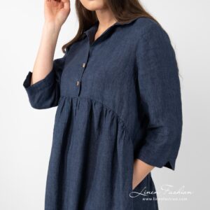 MONTANA dark blue linen dress with 3/4 sleeves