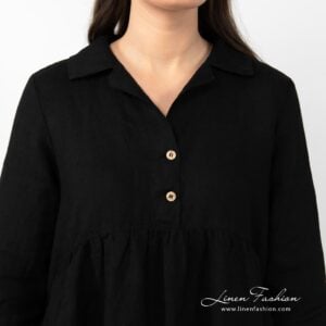 MONTANA black linen dress with pockets; buttoned front, beautifully wrinkled under chest