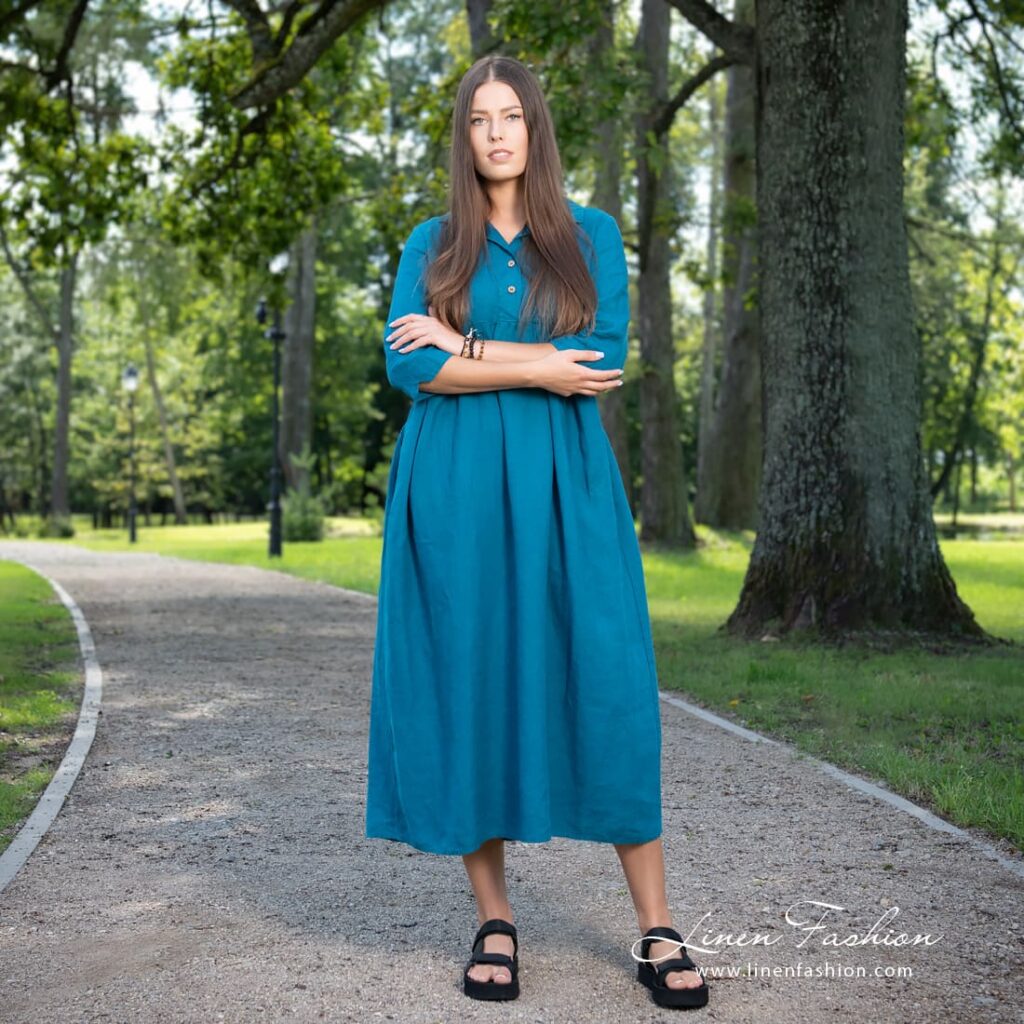 MONTANA dark turquoise linen dress