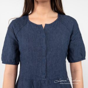 ZOE navy linen dress press button neck
