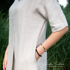 Grey linen dress with pockets and pleat at front