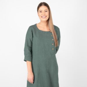 long green linen dress, with buttons on front